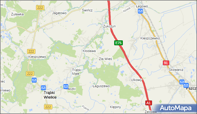 mapa Zła Wieś gmina Trąbki Wielkie, Zła Wieś gmina Trąbki Wielkie na mapie Targeo