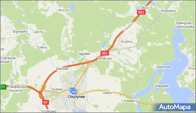 mapa Ameryka gmina Olsztynek, Ameryka gmina Olsztynek na mapie Targeo