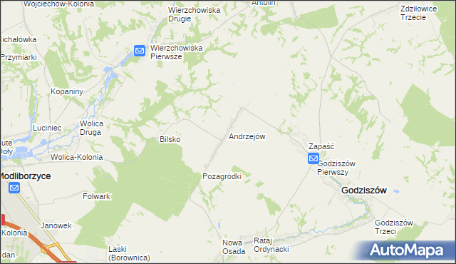 mapa Andrzejów gmina Godziszów, Andrzejów gmina Godziszów na mapie Targeo