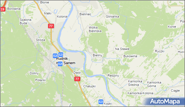 mapa Bieliny gmina Ulanów, Bieliny gmina Ulanów na mapie Targeo