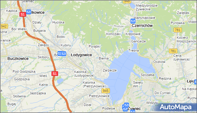 mapa Bierna gmina Łodygowice, Bierna gmina Łodygowice na mapie Targeo