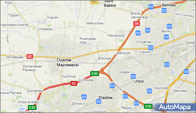 mapa Bronisze gmina Ożarów Mazowiecki, Bronisze gmina Ożarów Mazowiecki na mapie Targeo