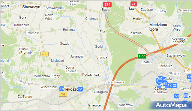 mapa Brynica gmina Piekoszów, Brynica gmina Piekoszów na mapie Targeo