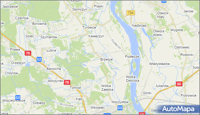 mapa Brześce gmina Góra Kalwaria, Brześce gmina Góra Kalwaria na mapie Targeo