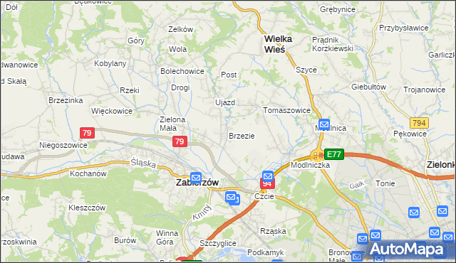 mapa Brzezie gmina Zabierzów, Brzezie gmina Zabierzów na mapie Targeo