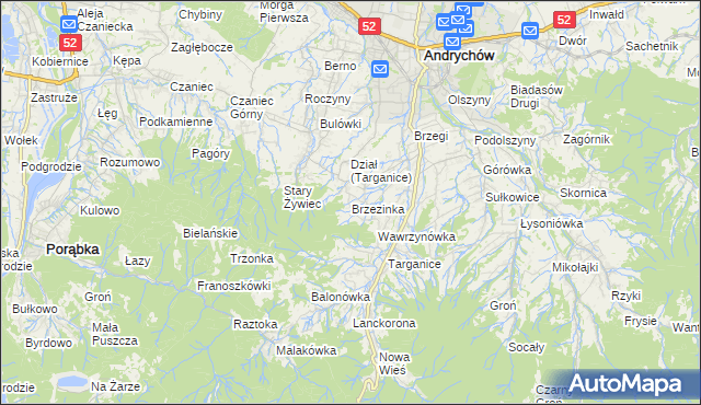 mapa Brzezinka gmina Andrychów, Brzezinka gmina Andrychów na mapie Targeo