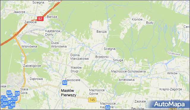 mapa Brzezinki gmina Masłów, Brzezinki gmina Masłów na mapie Targeo