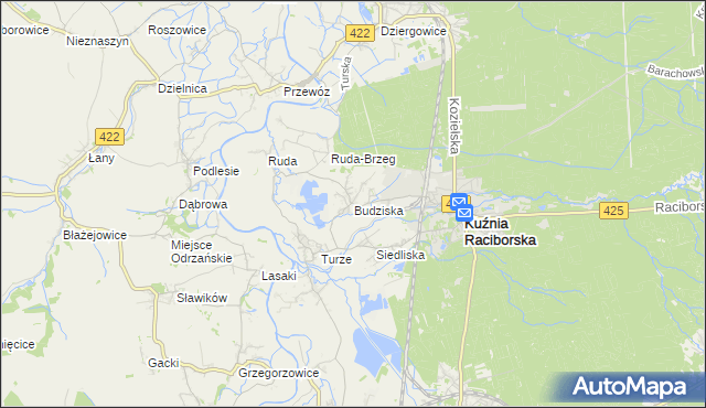mapa Budziska gmina Kuźnia Raciborska, Budziska gmina Kuźnia Raciborska na mapie Targeo