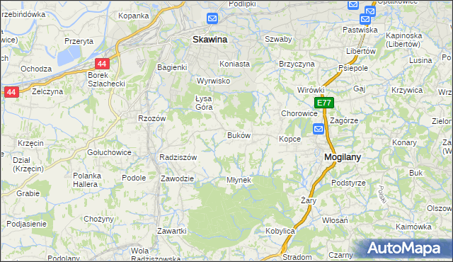 mapa Buków gmina Mogilany, Buków gmina Mogilany na mapie Targeo