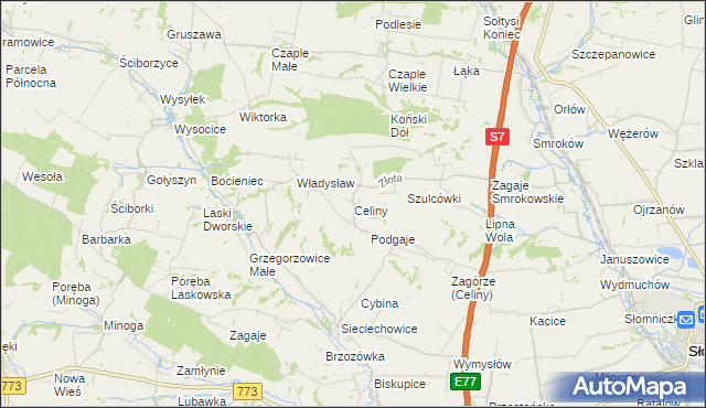 mapa Celiny gmina Iwanowice, Celiny gmina Iwanowice na mapie Targeo
