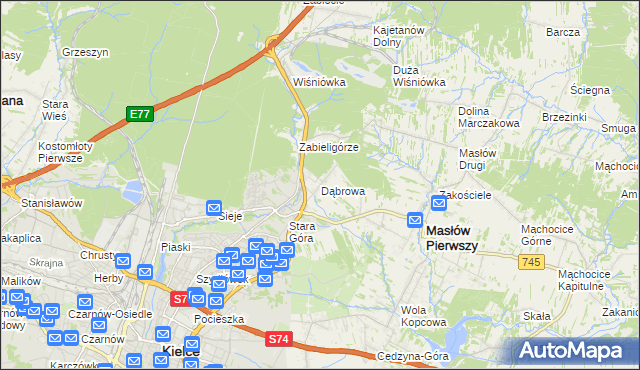 mapa Dąbrowa gmina Masłów, Dąbrowa gmina Masłów na mapie Targeo