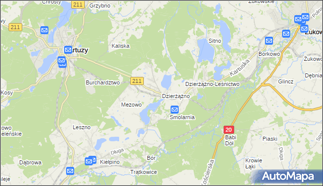 mapa Dzierżążno gmina Kartuzy, Dzierżążno gmina Kartuzy na mapie Targeo
