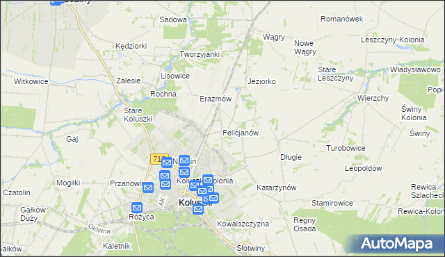 mapa Felicjanów gmina Koluszki, Felicjanów gmina Koluszki na mapie Targeo