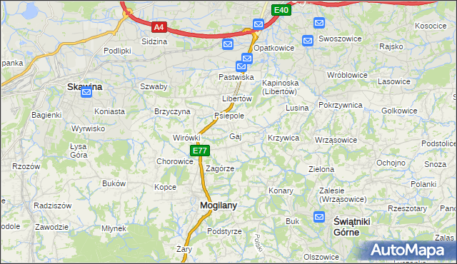 mapa Gaj gmina Mogilany, Gaj gmina Mogilany na mapie Targeo