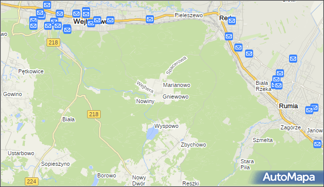 mapa Gniewowo gmina Wejherowo, Gniewowo gmina Wejherowo na mapie Targeo
