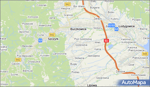 mapa Godziszka gmina Buczkowice, Godziszka gmina Buczkowice na mapie Targeo