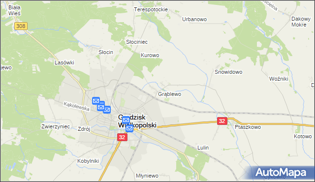mapa Grąblewo gmina Grodzisk Wielkopolski, Grąblewo gmina Grodzisk Wielkopolski na mapie Targeo