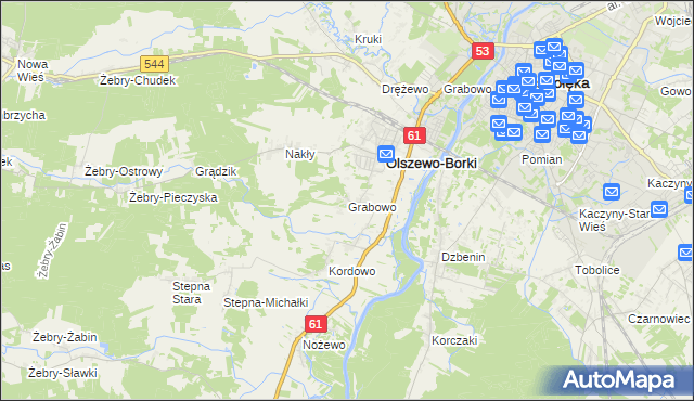 mapa Grabowo gmina Olszewo-Borki, Grabowo gmina Olszewo-Borki na mapie Targeo
