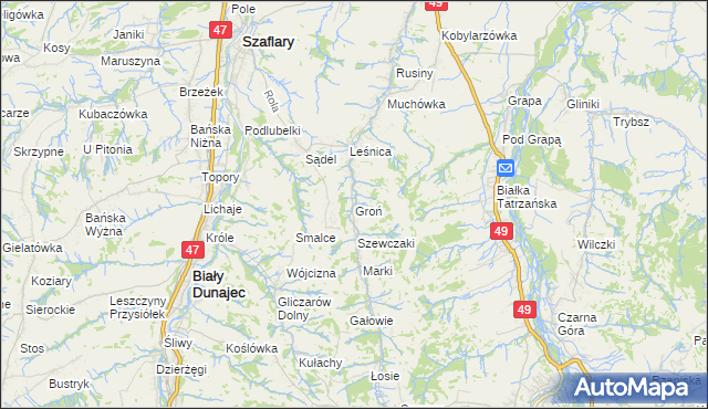 mapa Groń gmina Bukowina Tatrzańska, Groń gmina Bukowina Tatrzańska na mapie Targeo