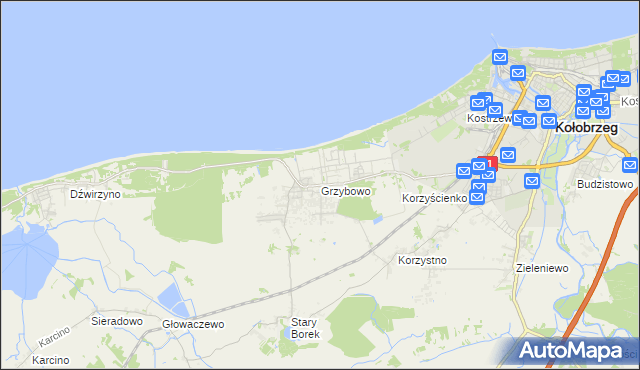 mapa Grzybowo gmina Kołobrzeg, Grzybowo gmina Kołobrzeg na mapie Targeo