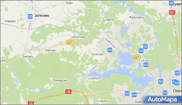 mapa Gutkowo gmina Jonkowo, Gutkowo gmina Jonkowo na mapie Targeo