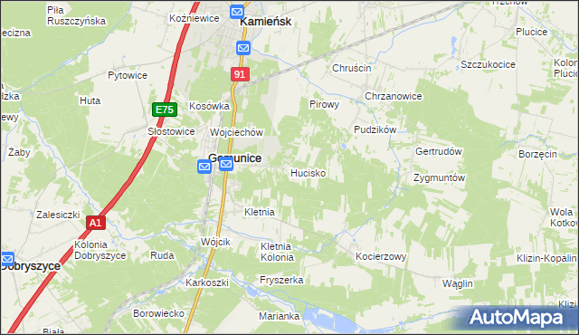 mapa Hucisko gmina Gomunice, Hucisko gmina Gomunice na mapie Targeo