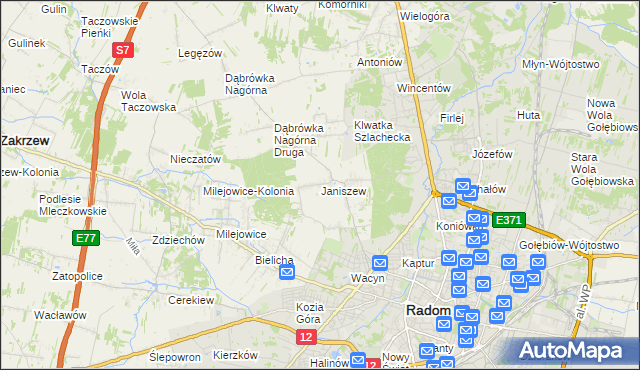 mapa Janiszew gmina Zakrzew, Janiszew gmina Zakrzew na mapie Targeo