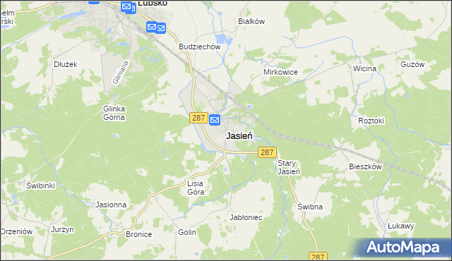 mapa Jasień powiat żarski, Jasień powiat żarski na mapie Targeo
