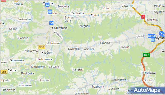 mapa Jasienica gmina Myślenice, Jasienica gmina Myślenice na mapie Targeo