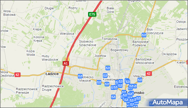 mapa Józefów gmina Ładzice, Józefów gmina Ładzice na mapie Targeo