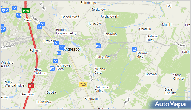 mapa Justynów gmina Andrespol, Justynów gmina Andrespol na mapie Targeo