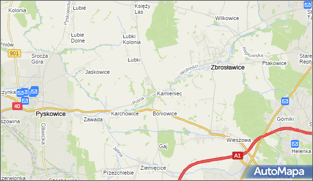 mapa Kamieniec gmina Zbrosławice, Kamieniec gmina Zbrosławice na mapie Targeo