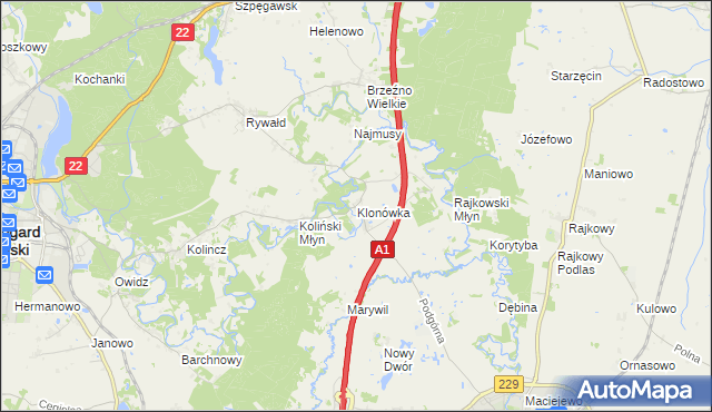 mapa Klonówka gmina Starogard Gdański, Klonówka gmina Starogard Gdański na mapie Targeo