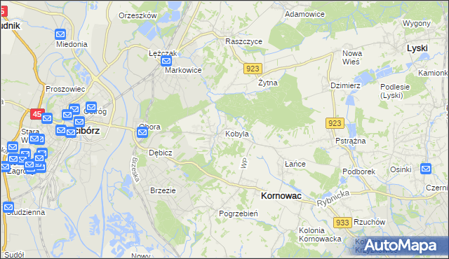 mapa Kobyla gmina Kornowac, Kobyla gmina Kornowac na mapie Targeo