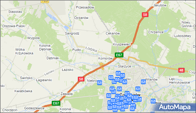 mapa Komorów gmina Tomaszów Mazowiecki, Komorów gmina Tomaszów Mazowiecki na mapie Targeo