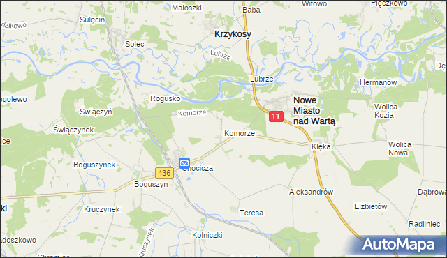 mapa Komorze gmina Nowe Miasto nad Wartą, Komorze gmina Nowe Miasto nad Wartą na mapie Targeo