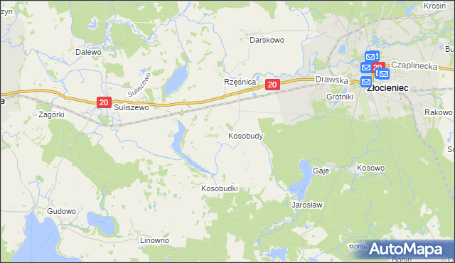 mapa Kosobudy gmina Złocieniec, Kosobudy gmina Złocieniec na mapie Targeo