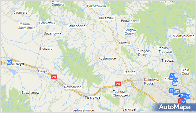 mapa Kostarowce, Kostarowce na mapie Targeo