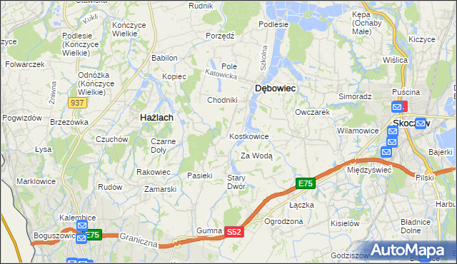 mapa Kostkowice gmina Dębowiec, Kostkowice gmina Dębowiec na mapie Targeo