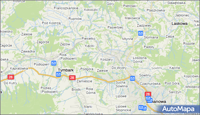 mapa Koszary gmina Limanowa, Koszary gmina Limanowa na mapie Targeo