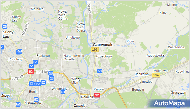 mapa Koziegłowy gmina Czerwonak, Koziegłowy gmina Czerwonak na mapie Targeo