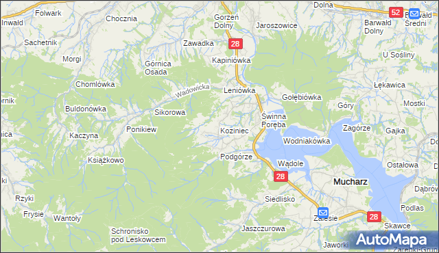 mapa Koziniec gmina Mucharz, Koziniec gmina Mucharz na mapie Targeo
