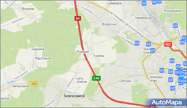 mapa Kozłów gmina Sośnicowice, Kozłów gmina Sośnicowice na mapie Targeo