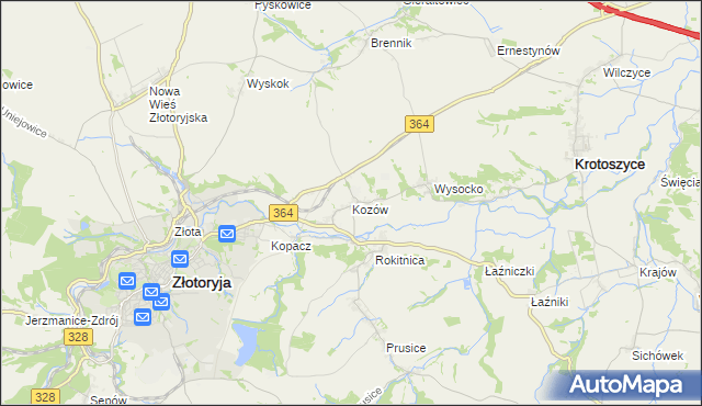 mapa Kozów gmina Złotoryja, Kozów gmina Złotoryja na mapie Targeo