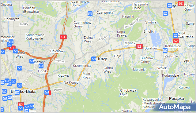 mapa Kozy powiat bielski, Kozy powiat bielski na mapie Targeo