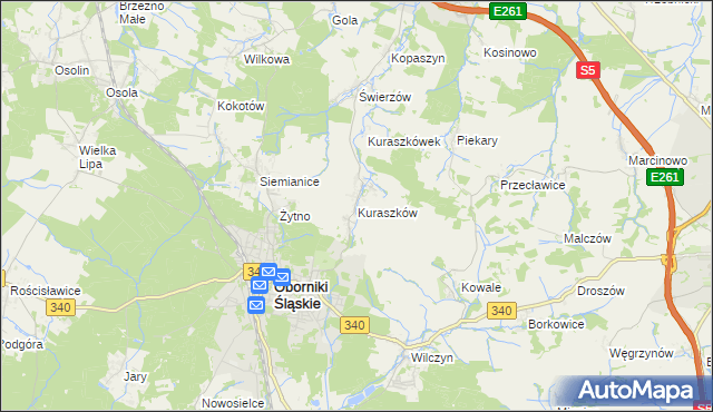 mapa Kuraszków gmina Oborniki Śląskie, Kuraszków gmina Oborniki Śląskie na mapie Targeo