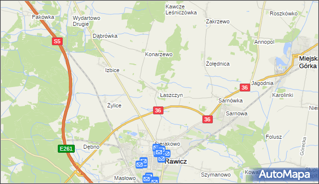 mapa Łaszczyn gmina Rawicz, Łaszczyn gmina Rawicz na mapie Targeo