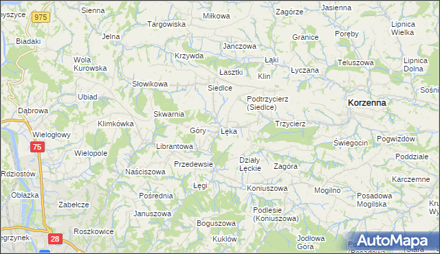 mapa Łęka gmina Korzenna, Łęka gmina Korzenna na mapie Targeo