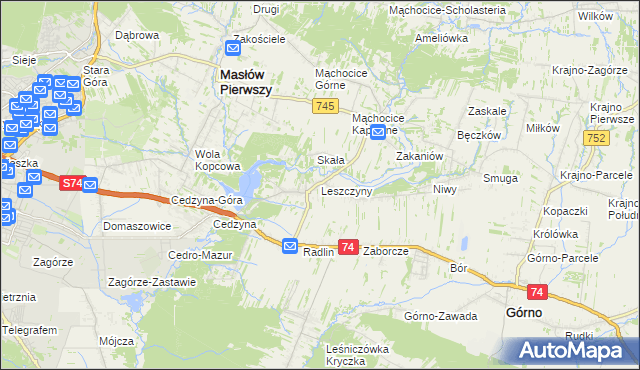 mapa Leszczyny gmina Górno, Leszczyny gmina Górno na mapie Targeo