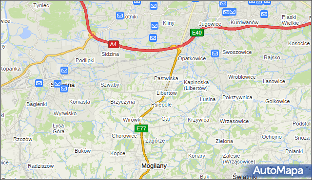 mapa Libertów gmina Mogilany, Libertów gmina Mogilany na mapie Targeo